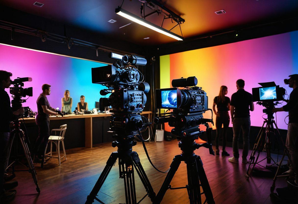 A cinematic shot of a bustling behind-the-scenes adult film set, showcasing a diverse crew collaborating creatively. Include vibrant lighting, a open clapboard, and camera equipment, with a blurred background showing artful props and actors preparing. Emphasize a sense of professionalism and innovation in this industry. 3D. vibrant colors. cinematic.